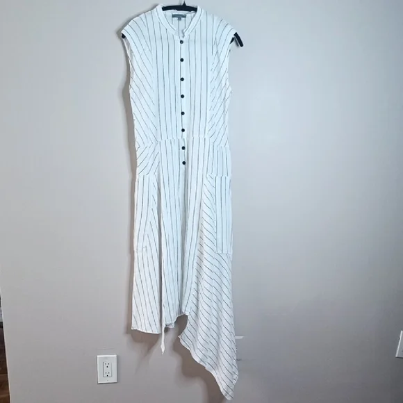 Italian Linen Asymmetric Striped White Sleeveless Maxi Shirt Dress Size S-M - Picture 2 of 16